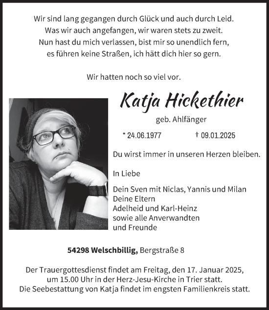 Todesanzeige von Katja Hickethier von trierischer_volksfreund