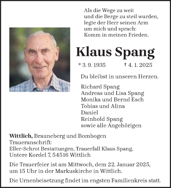 Todesanzeige von Klaus Spang von trierischer_volksfreund