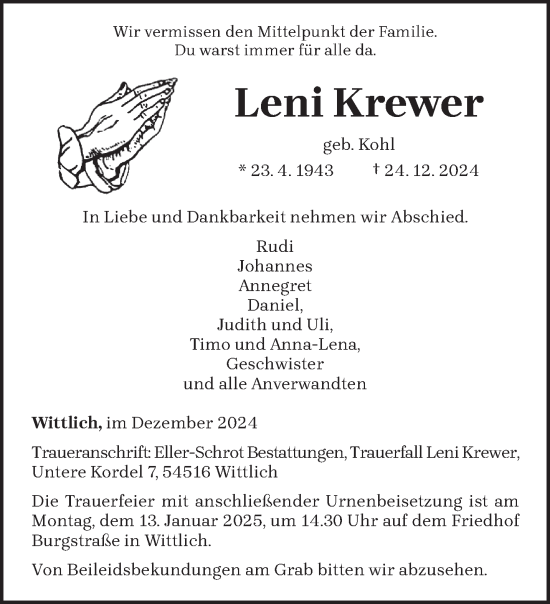 Todesanzeige von Leni Krewer von trierischer_volksfreund