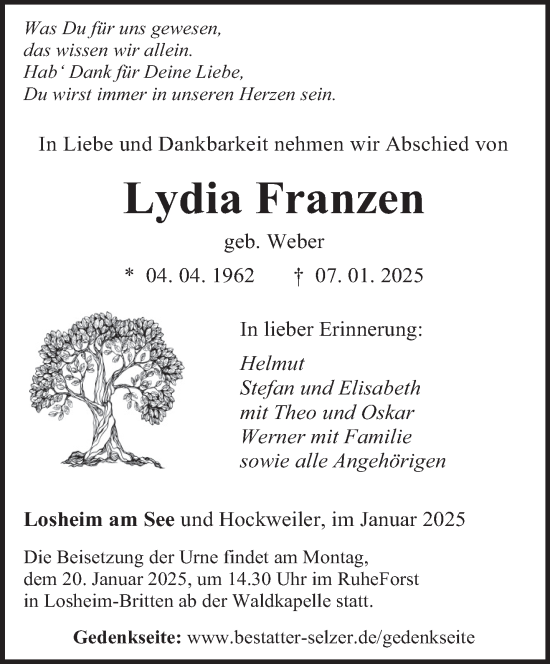 Todesanzeige von Lydia Franzen von trierischer_volksfreund