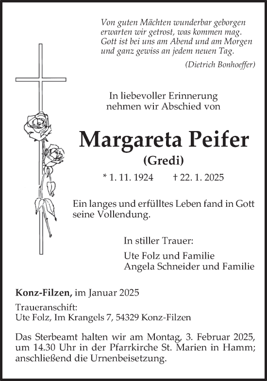 Todesanzeige von Margareta Peifer von trierischer_volksfreund