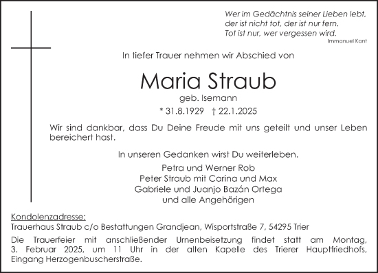 Todesanzeige von Maria Straub von trierischer_volksfreund