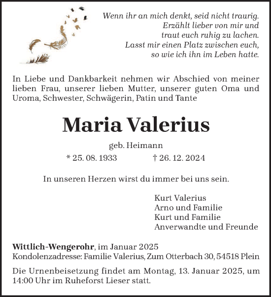 Todesanzeige von Maria Valerius von trierischer_volksfreund