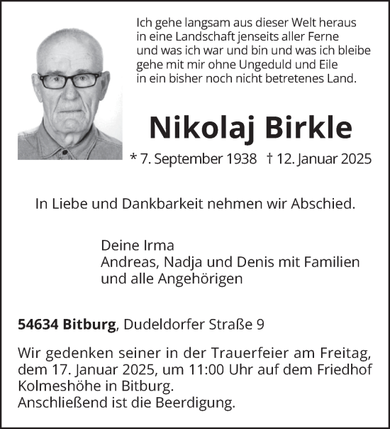 Todesanzeige von Nikolaj Birkle von trierischer_volksfreund