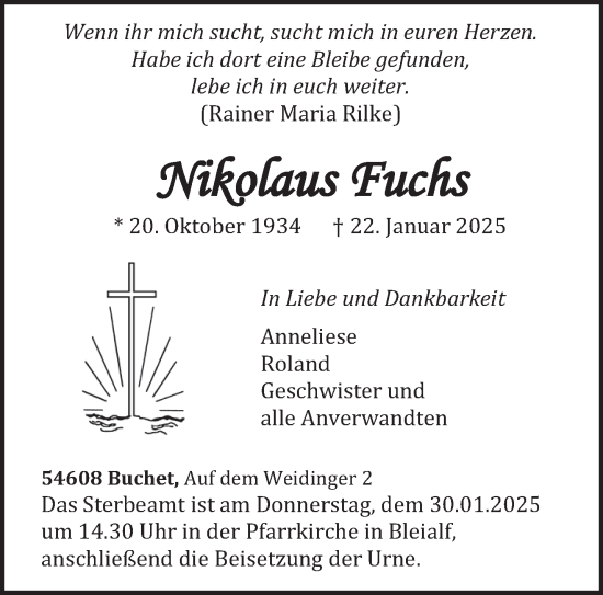 Todesanzeige von Nikolaus Fuchs von trierischer_volksfreund