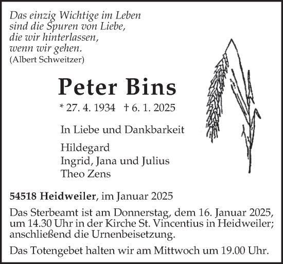 Todesanzeige von Peter Bins von trierischer_volksfreund