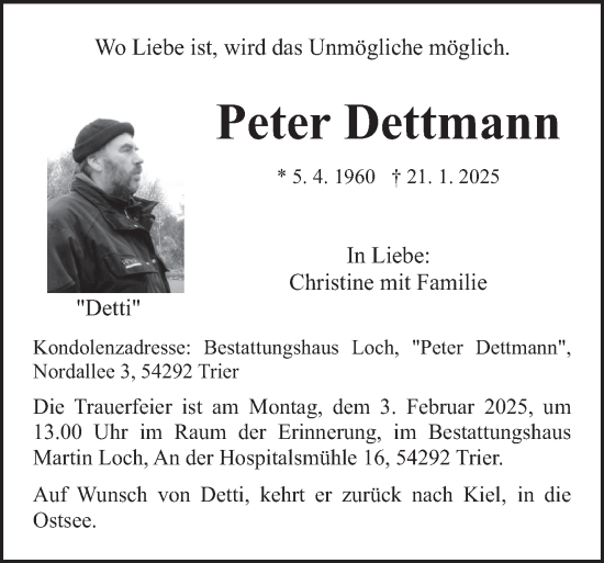 Todesanzeige von Peter Dettmann von trierischer_volksfreund