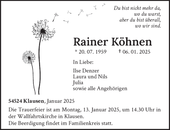 Todesanzeige von Rainer Köhnen von trierischer_volksfreund