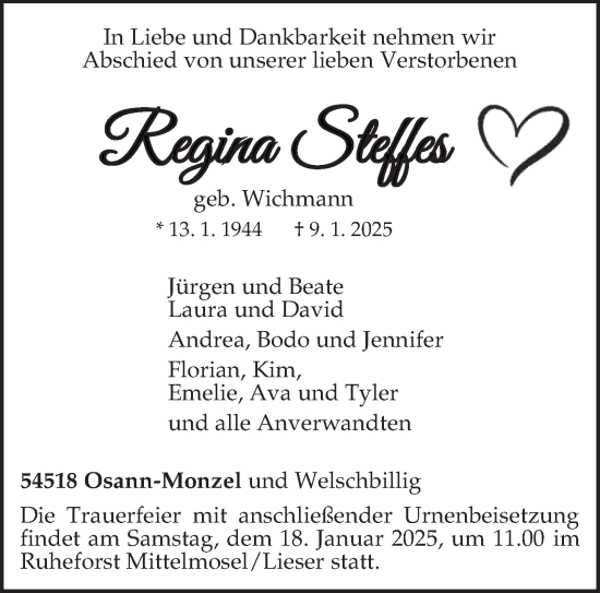 Todesanzeige von Regina Steffes von trierischer_volksfreund