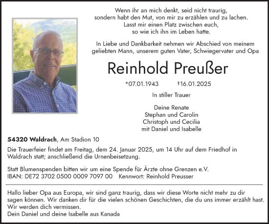 Todesanzeige von Reinhold Preußer von trierischer_volksfreund