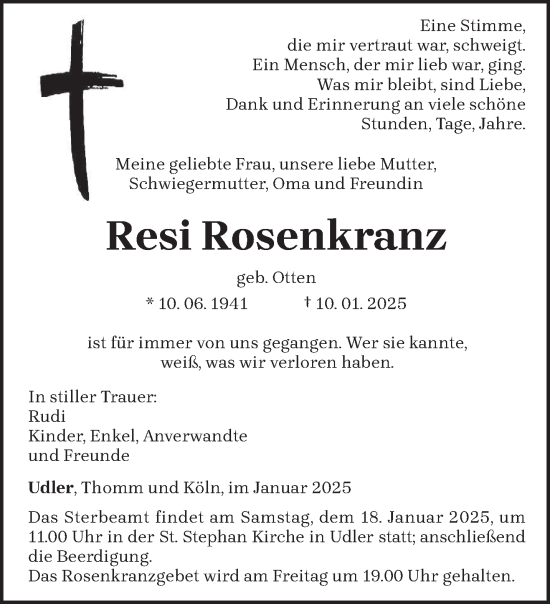 Todesanzeige von Resi Rosenkranz von trierischer_volksfreund