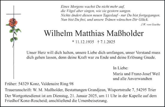 Todesanzeige von Wilhelm Matthias Maßholder von trierischer_volksfreund