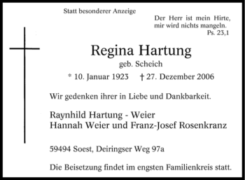 Todesanzeige von Regina Hartung von WESTFÄLISCHER ANZEIGER