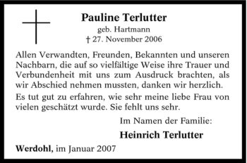 Todesanzeige von Pauline Terlutter von WESTFÄLISCHER ANZEIGER