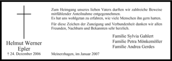 Todesanzeige von Helmut Werner Epler von WESTFÄLISCHER ANZEIGER