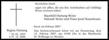 Todesanzeige von Regina Hartung von WESTFÄLISCHER ANZEIGER