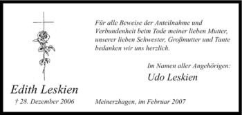 Todesanzeige von Edith Leskien von WESTFÄLISCHER ANZEIGER