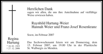 Todesanzeige von Regina Hartung von WESTFÄLISCHER ANZEIGER