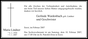 Todesanzeige von Maria Lindner von WESTFÄLISCHER ANZEIGER