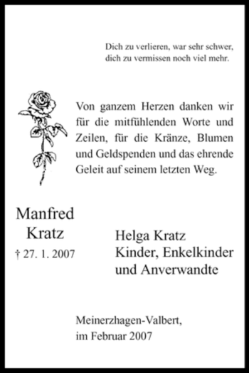 Todesanzeige von Manfred Kratz von WESTFÄLISCHER ANZEIGER