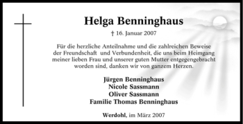 Todesanzeige von Helga Benninghaus von WESTFÄLISCHER ANZEIGER