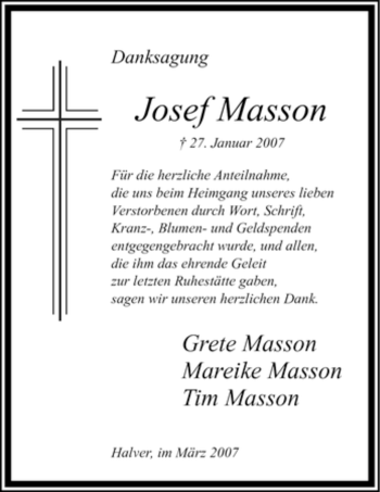 Todesanzeige von Josef Masson von WESTFÄLISCHER ANZEIGER