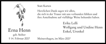 Todesanzeige von Erna Henn von WESTFÄLISCHER ANZEIGER