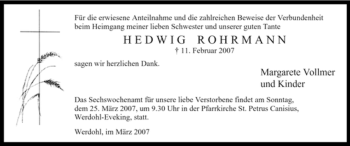 Todesanzeige von Hedwig Rohrmann von WESTFÄLISCHER ANZEIGER