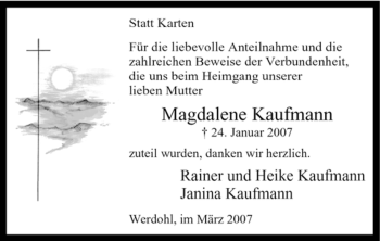 Todesanzeige von Magdalene Kaufmann von WESTFÄLISCHER ANZEIGER