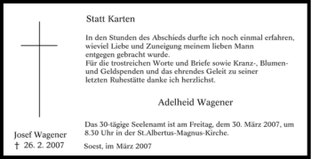 Todesanzeige von Josef Wagener von WESTFÄLISCHER ANZEIGER