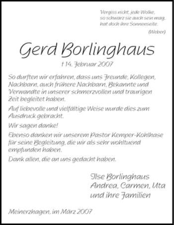 Todesanzeige von Gerd Borlinghaus von WESTFÄLISCHER ANZEIGER