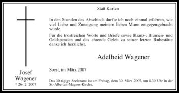 Todesanzeige von Josef Wagener von WESTFÄLISCHER ANZEIGER