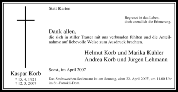 Todesanzeige von Kaspar Korb von WESTFÄLISCHER ANZEIGER