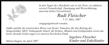 Todesanzeige von Rudi Fleischer von WESTFÄLISCHER ANZEIGER