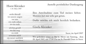 Todesanzeige von Horst Kleinker von WESTFÄLISCHER ANZEIGER