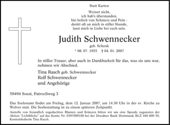 Todesanzeige von Judith Schwennecker von WESTFÄLISCHER ANZEIGER