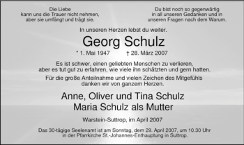 Todesanzeige von Georg Schulz von WESTFÄLISCHER ANZEIGER