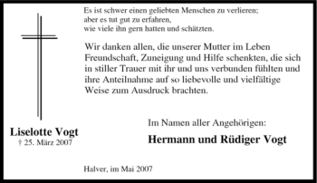 Todesanzeige von Liselotte Vogt von WESTFÄLISCHER ANZEIGER