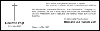 Todesanzeige von Lieselotte Vogt von WESTFÄLISCHER ANZEIGER