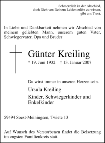 Todesanzeige von Günter Kreiling von WESTFÄLISCHER ANZEIGER