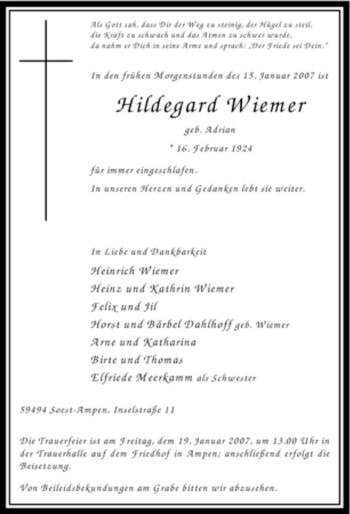 Todesanzeige von Hildegard Wiemer von WESTFÄLISCHER ANZEIGER