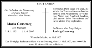 Todesanzeige von Maria Gauseweg von WESTFÄLISCHER ANZEIGER