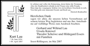 Todesanzeige von Kurt Lau von WESTFÄLISCHER ANZEIGER