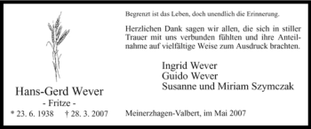 Todesanzeige von Hans-Gerd Wever von WESTFÄLISCHER ANZEIGER