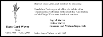 Todesanzeige von Hans-Gerd Wever von WESTFÄLISCHER ANZEIGER