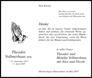 Todesanzeige von Theodor Vollmerhaus von WESTFÄLISCHER ANZEIGER