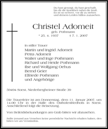 Todesanzeige von Christel Adomeit von WESTFÄLISCHER ANZEIGER