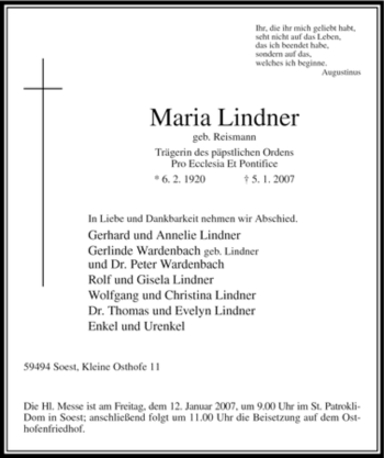 Todesanzeige von Maria Lindner von WESTFÄLISCHER ANZEIGER