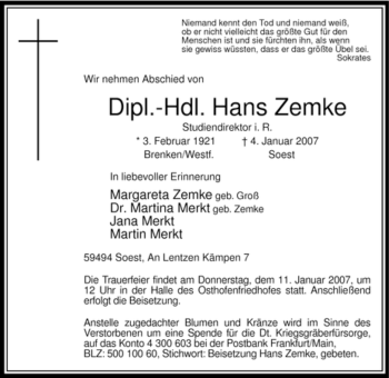 Todesanzeige von Hans Zemke von WESTFÄLISCHER ANZEIGER