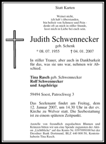 Todesanzeige von Judith Schwennecker von WESTFÄLISCHER ANZEIGER